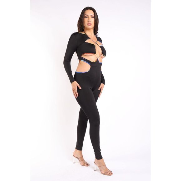 Women's Sexy Bodycon Rainbow Binding Detailed Cut Out Jumpsuit Black S M L - Picture 4 of 11